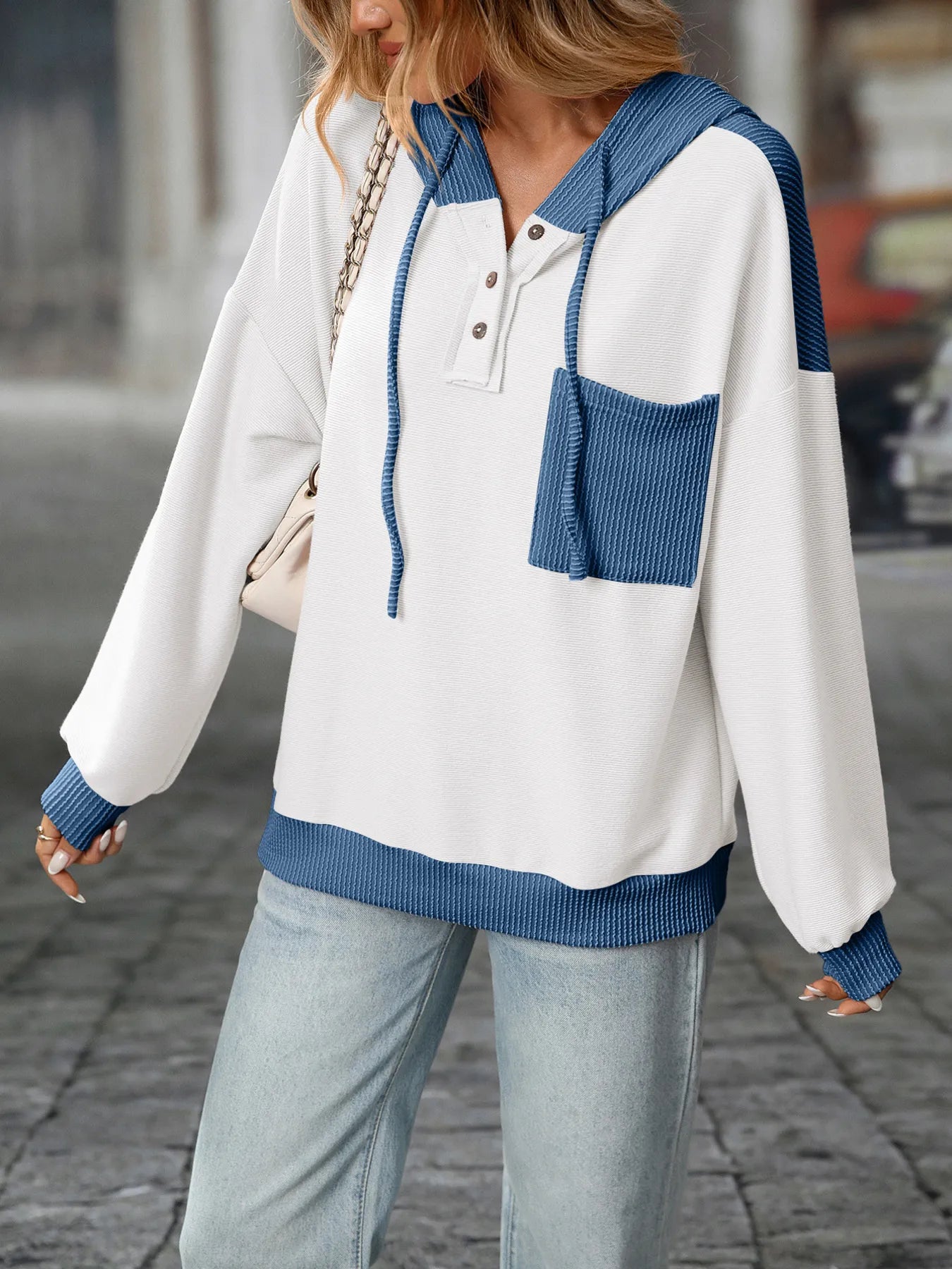 Drawstring Button Detail Long Sleeve Hoodie
