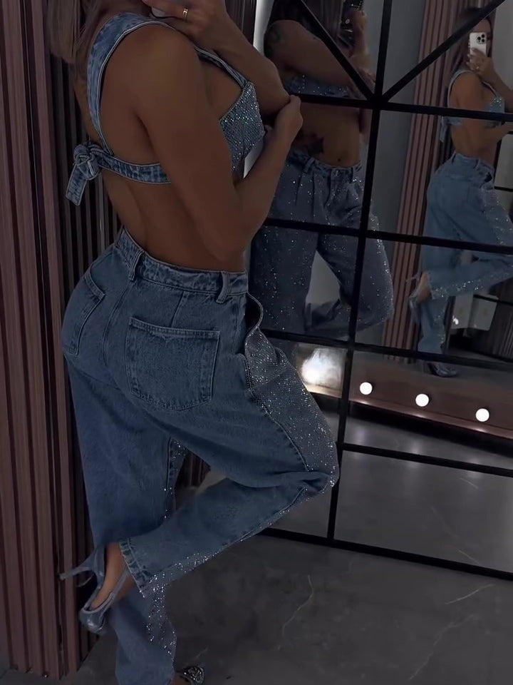 Elegant Glittery Denim Crop Top And Pants Ensemble