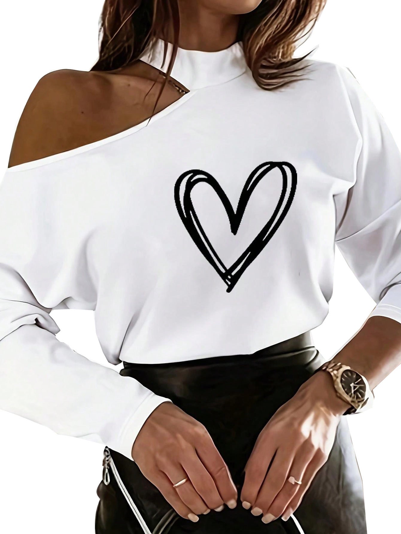 Heart Printing T-shirt Off-the-shoulder Top For Women