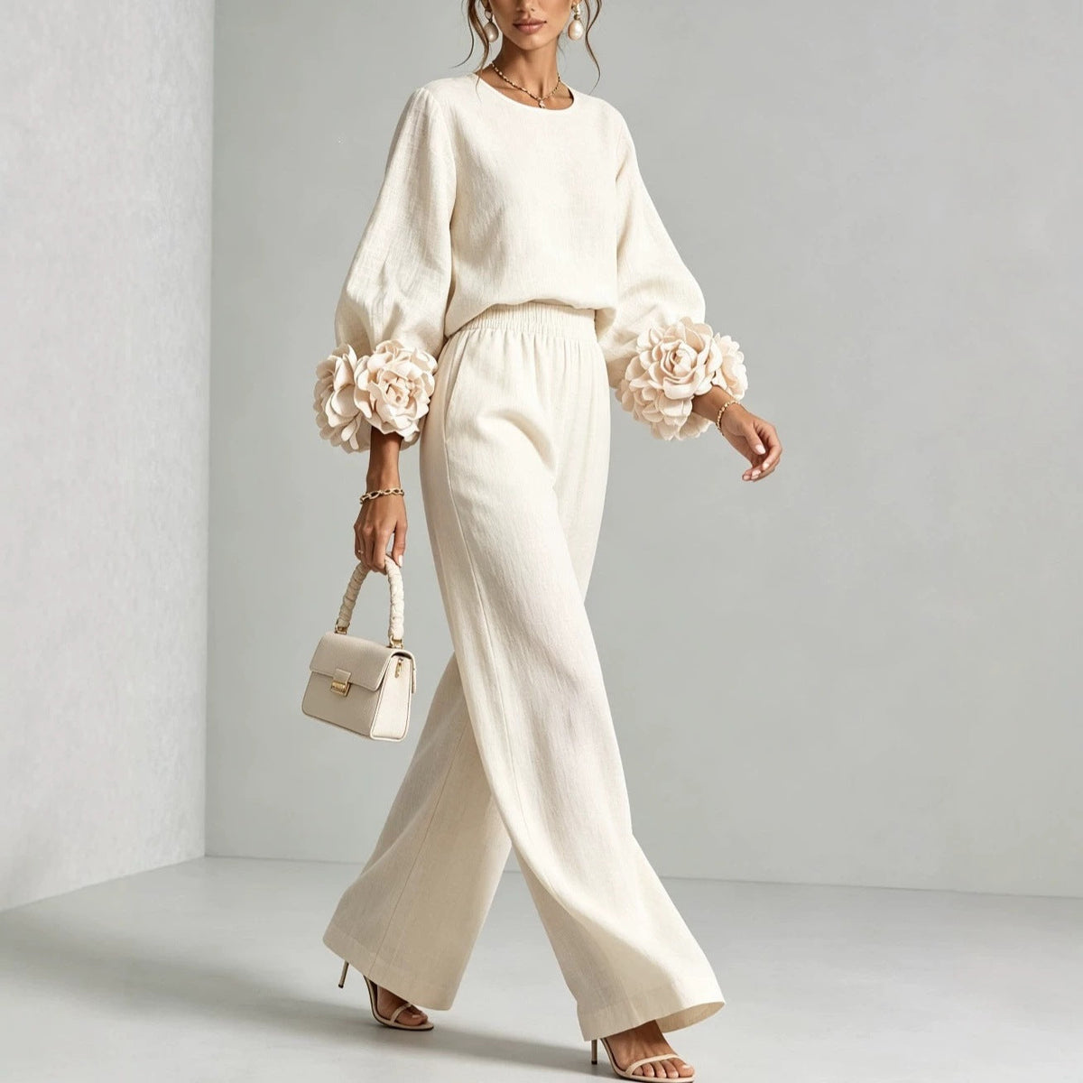 2026 New Beige European And American Style Floral Cuff Top And Wide Leg Pants Set