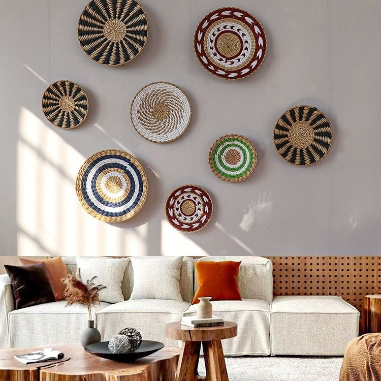 Woven Straw Wall Decor Round Living Room Ornament Wall Hanging