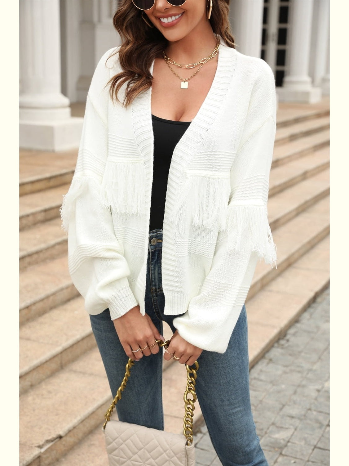 Women Double Take Fringe Trim Open Front Cardigan Sweater
