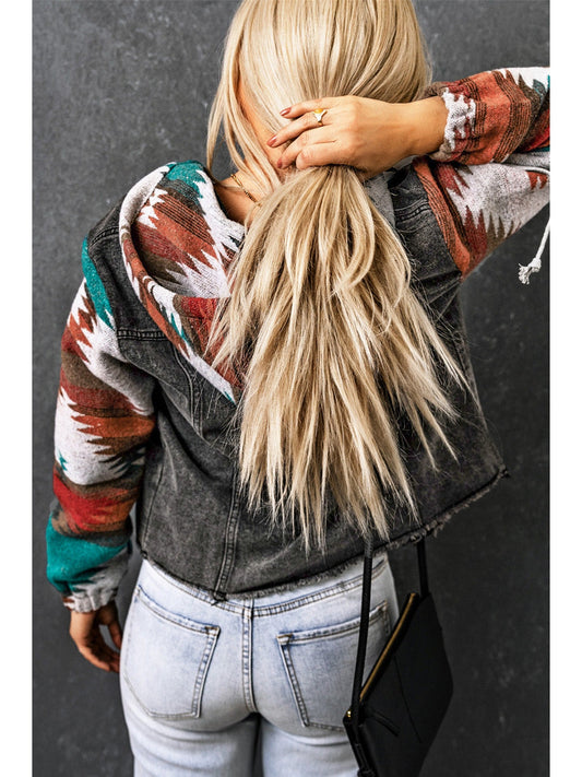 Women Drawstring Hooded Pocketed Denim Jacket