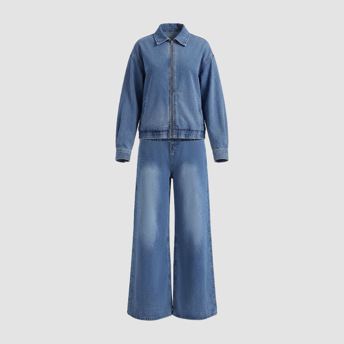 Light Blue Denim Cropped Jacket And Wide-leg Jeans Set