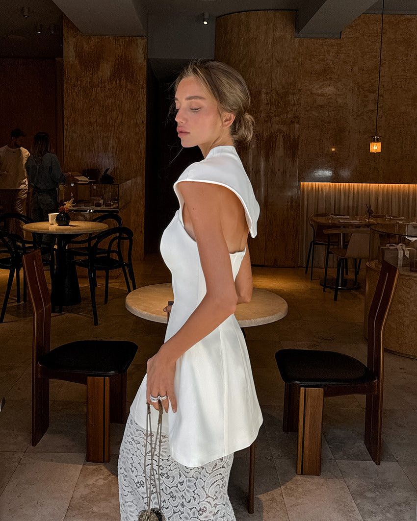 Commuter-appropriate Two-piece Set- Irregular Strapless Top And White Lace Skirt