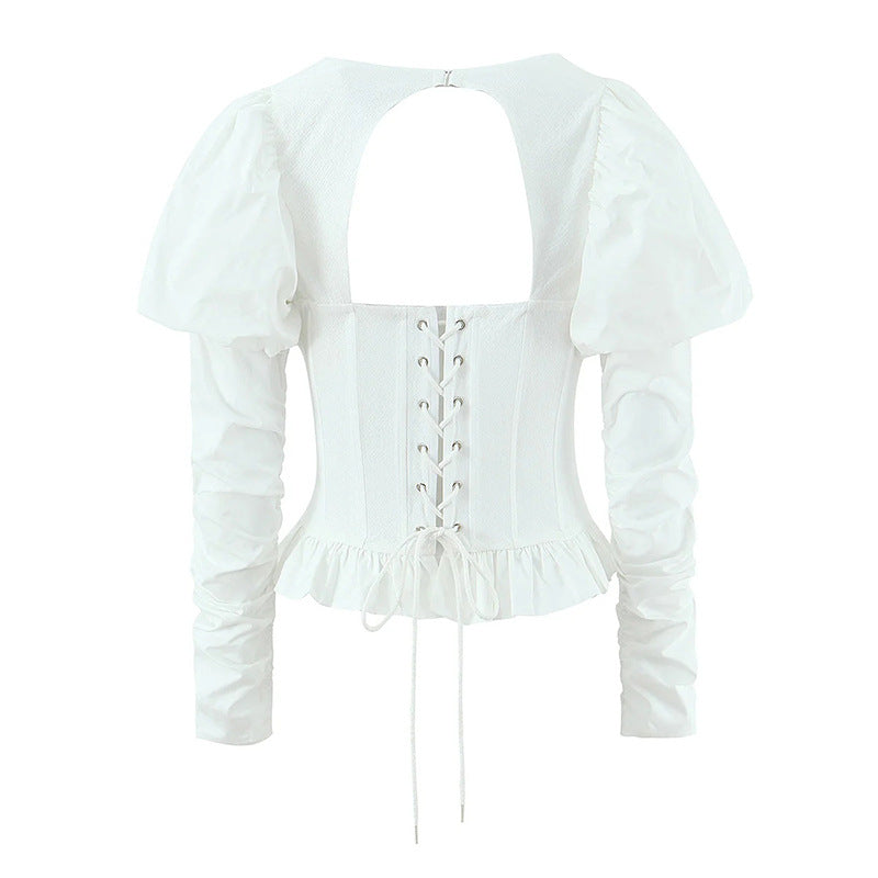 Square Neck Puff Sleeve Corset Peplum Top