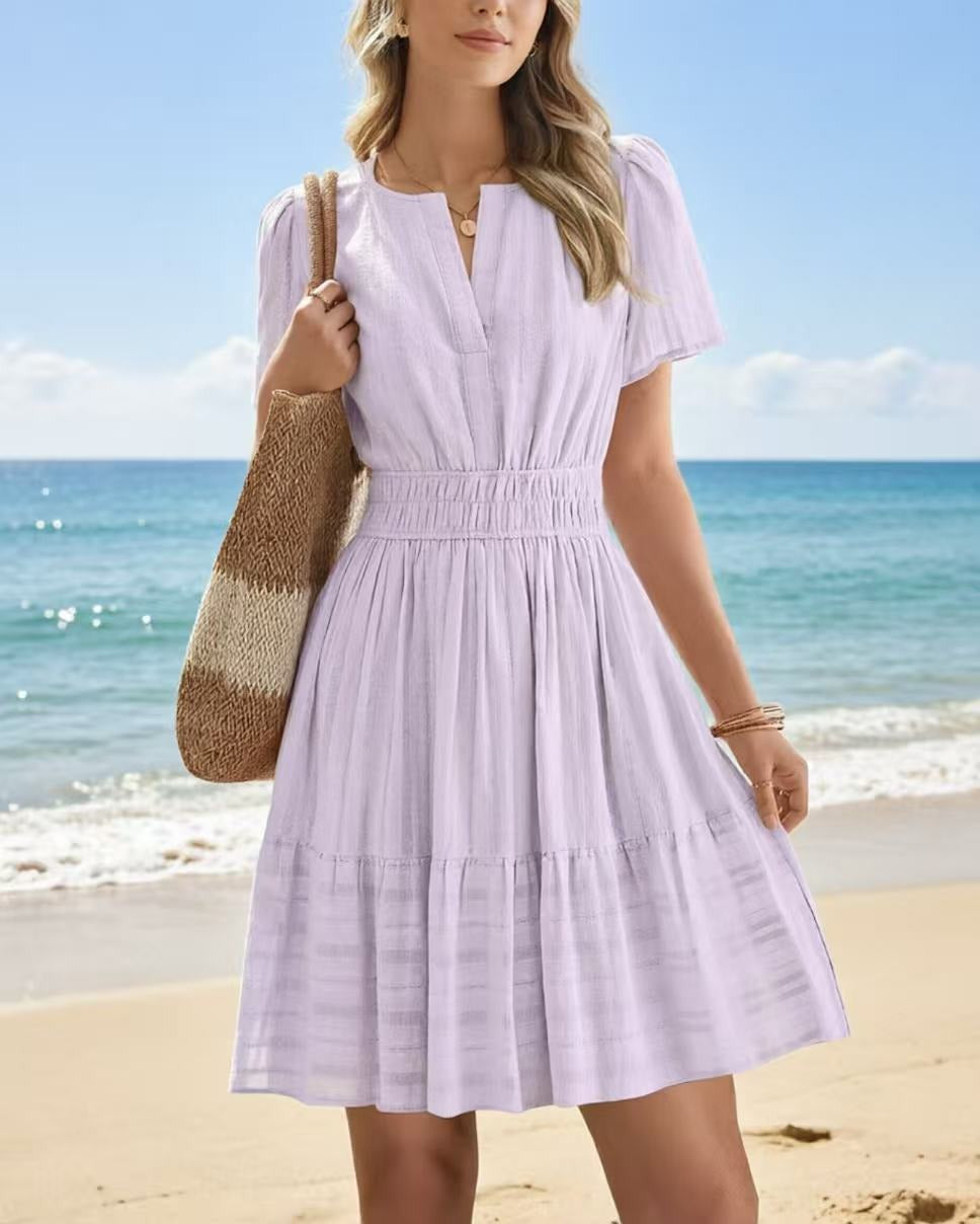 2026 Hot Sale Spring Summer Women's Solid Color V Neck Ruched Puff Sleeve Short Dress