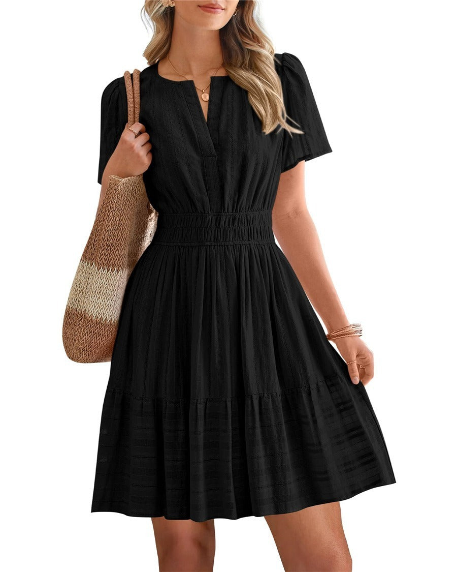 2026 Hot Sale Spring Summer Women's Solid Color V Neck Ruched Puff Sleeve Short Dress