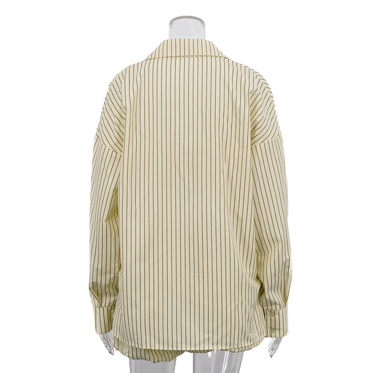 Women's Striped 3 Piece Outfit Set&Oversized Button Down Shirt&Crop Tube Top&Elastic Shorts&Yellow Casual Loungewear