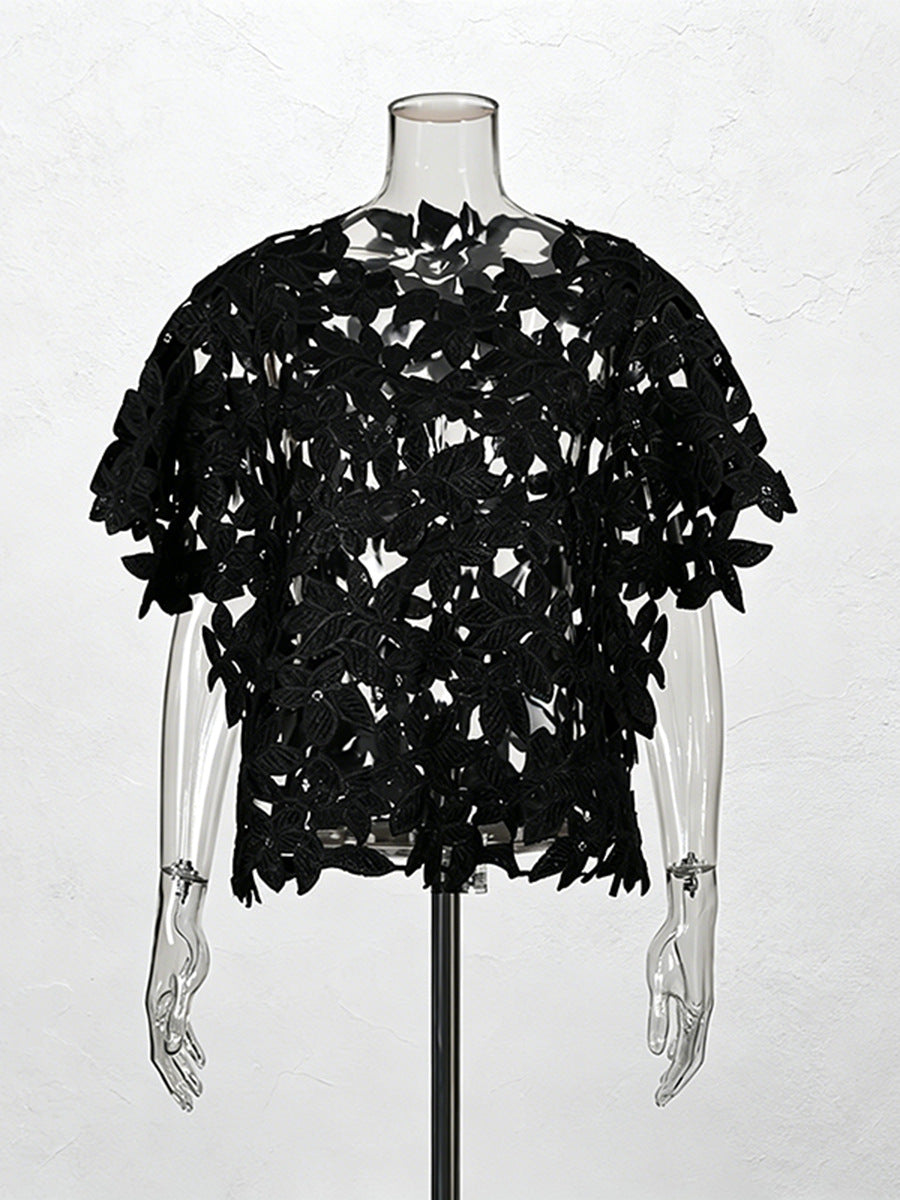 Black Floral Lace Cut-Out Short Sleeve Top