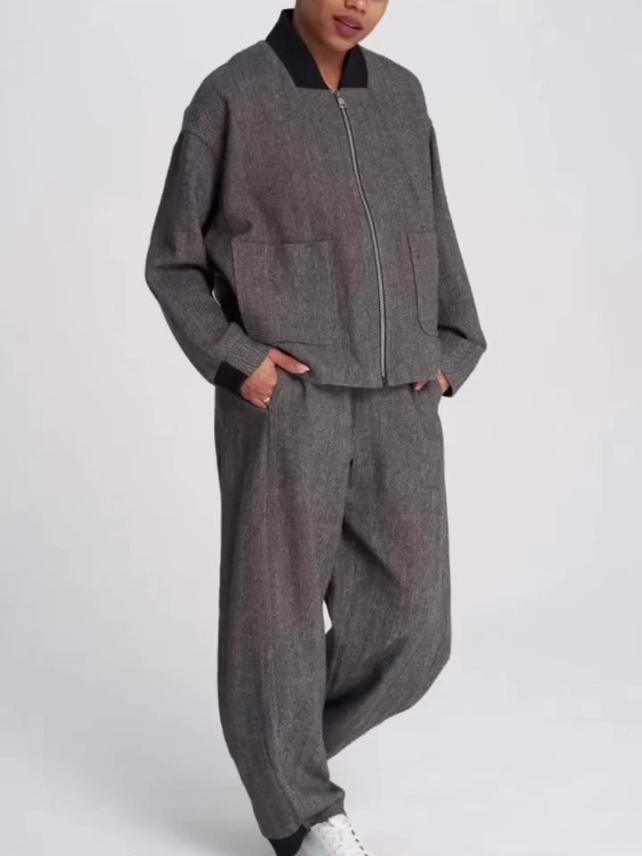 Dark Grey Textured Baseball Collar Zip Jacket & Wide-Leg Pants Set