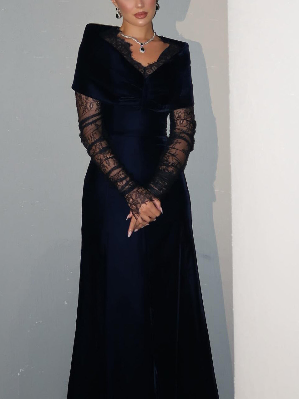 Navy Blue Velvet Lace Long-Sleeve Gown