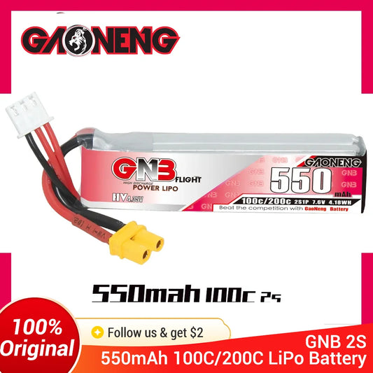 GNB 2S 7.6V 550mAh 100C/200C HV Lipo Battery For Happymodel FPV Racing Cine Whoop BetaFPV RC Drone With XT30U-F Plug