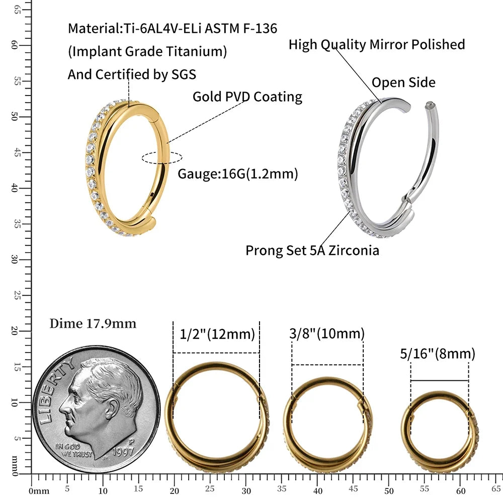 Right Grand Implant Grade Titanium Hinged Seamless Earrings Clicker Hoop Ring for Cartilage Helix Rook Septum Daith Tragus Conch