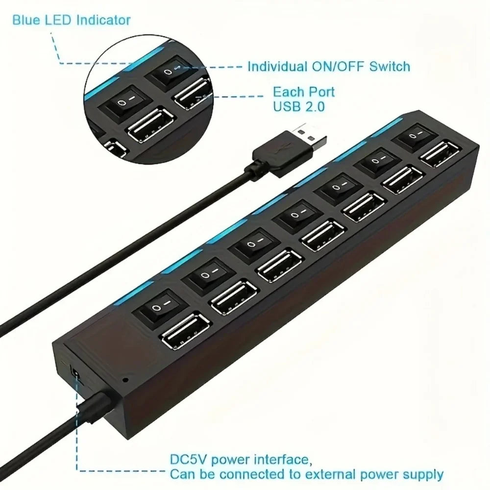 USB 2.0 Hub 5Gbps High Speed Multi USB Ports Power Adapter Expander LED USB 4/7 Ports Splitter With Switch For Laptop Computer