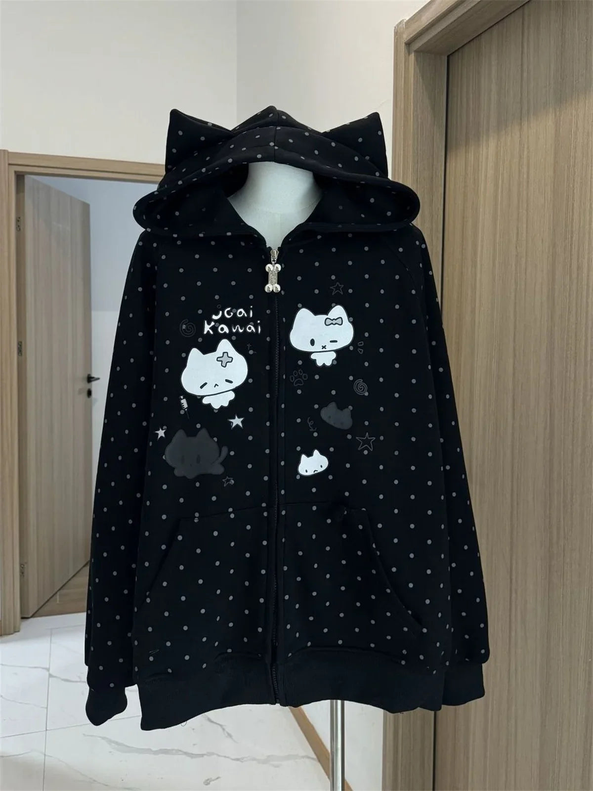 Japanese Y2k Hoodies Jackets Women Clothes Polka Dot Cat Print Sweatshirts 2025 Ropa Mujer Casual Chic Hooded Cute Hoodie Tops