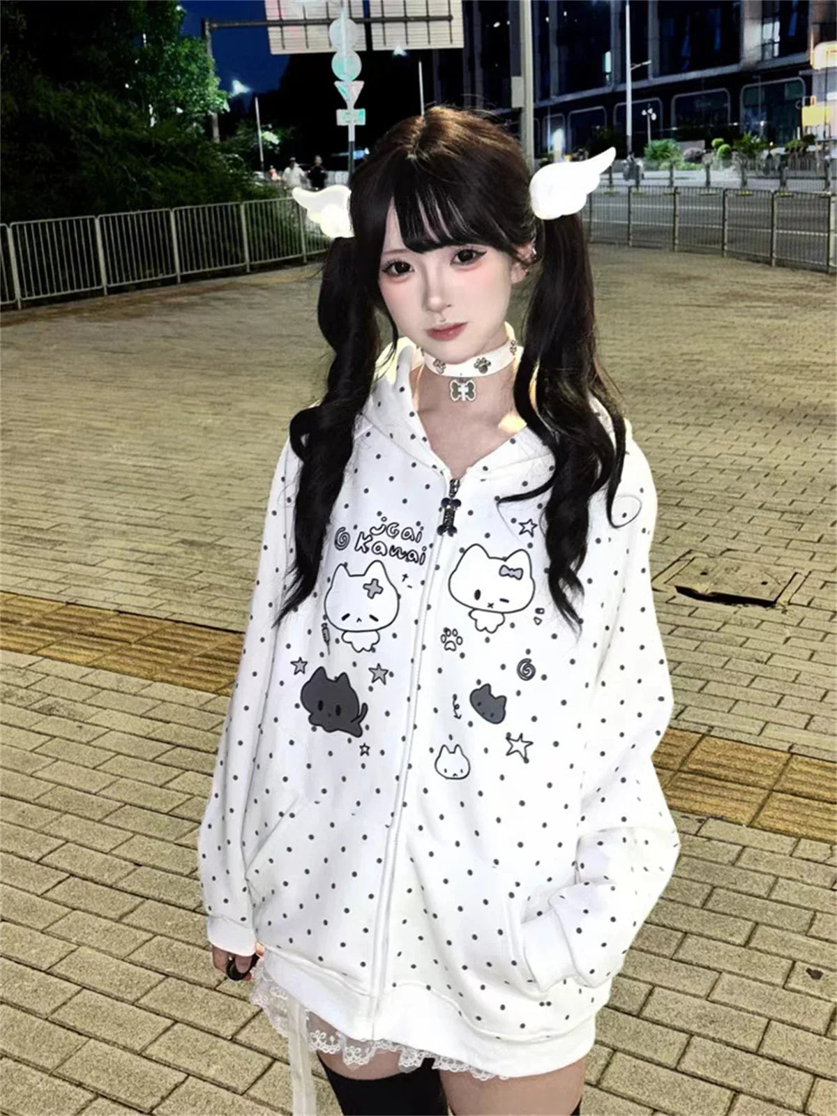 Japanese Y2k Hoodies Jackets Women Clothes Polka Dot Cat Print Sweatshirts 2025 Ropa Mujer Casual Chic Hooded Cute Hoodie Tops