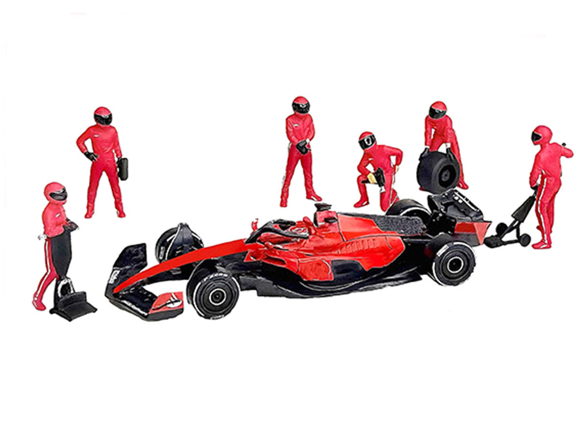 "Formula Pit Crew – Team Red" 6 piece Diecast Figure Set (6 Figures) Limited Edition for 1/64 Scale Models by American Diorama