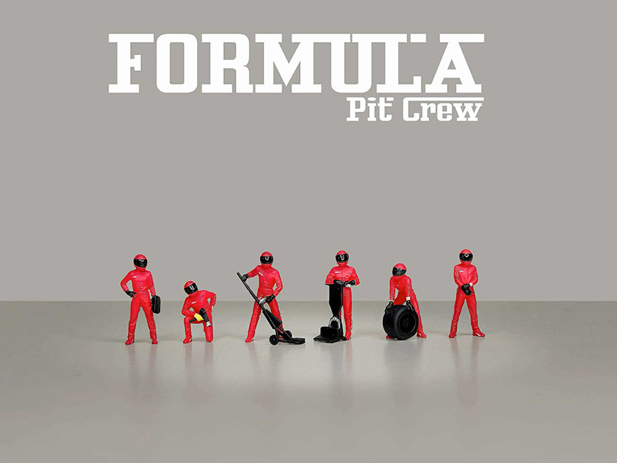 "Formula Pit Crew – Team Red" 6 piece Diecast Figure Set (6 Figures) Limited Edition for 1/64 Scale Models by American Diorama