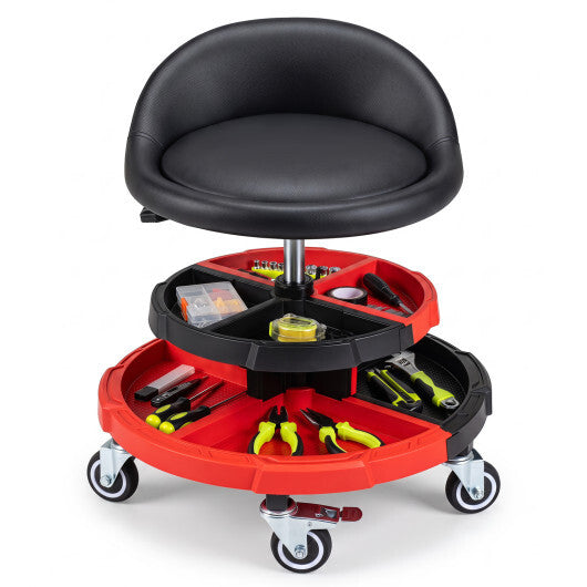 360? Rolling Mechanic Stool with 2 Tool Storage Trays-Red