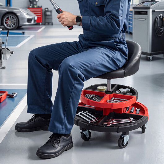 360? Rolling Mechanic Stool with 2 Tool Storage Trays-Red