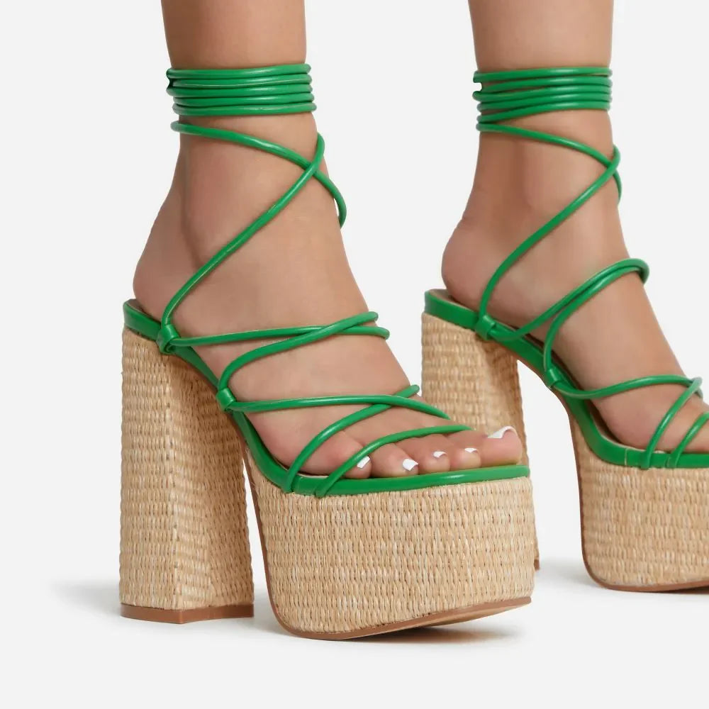 Woven Platform Lace Up Strappy Sandals Block Heel Open Toe Solid Color Sexy Roman Style Women Shoes Summer 2026 New Arrivals