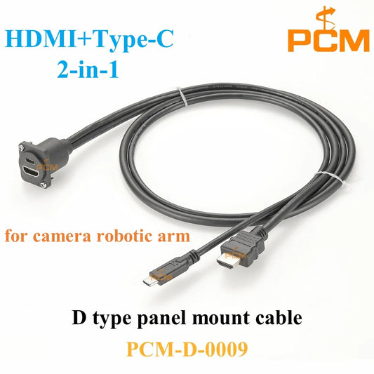 D type panel mount HDMI to USB Type C dual port stackable HDMI cable for Robotic Camera Arm & Raspberry Pi chassis Mount cable