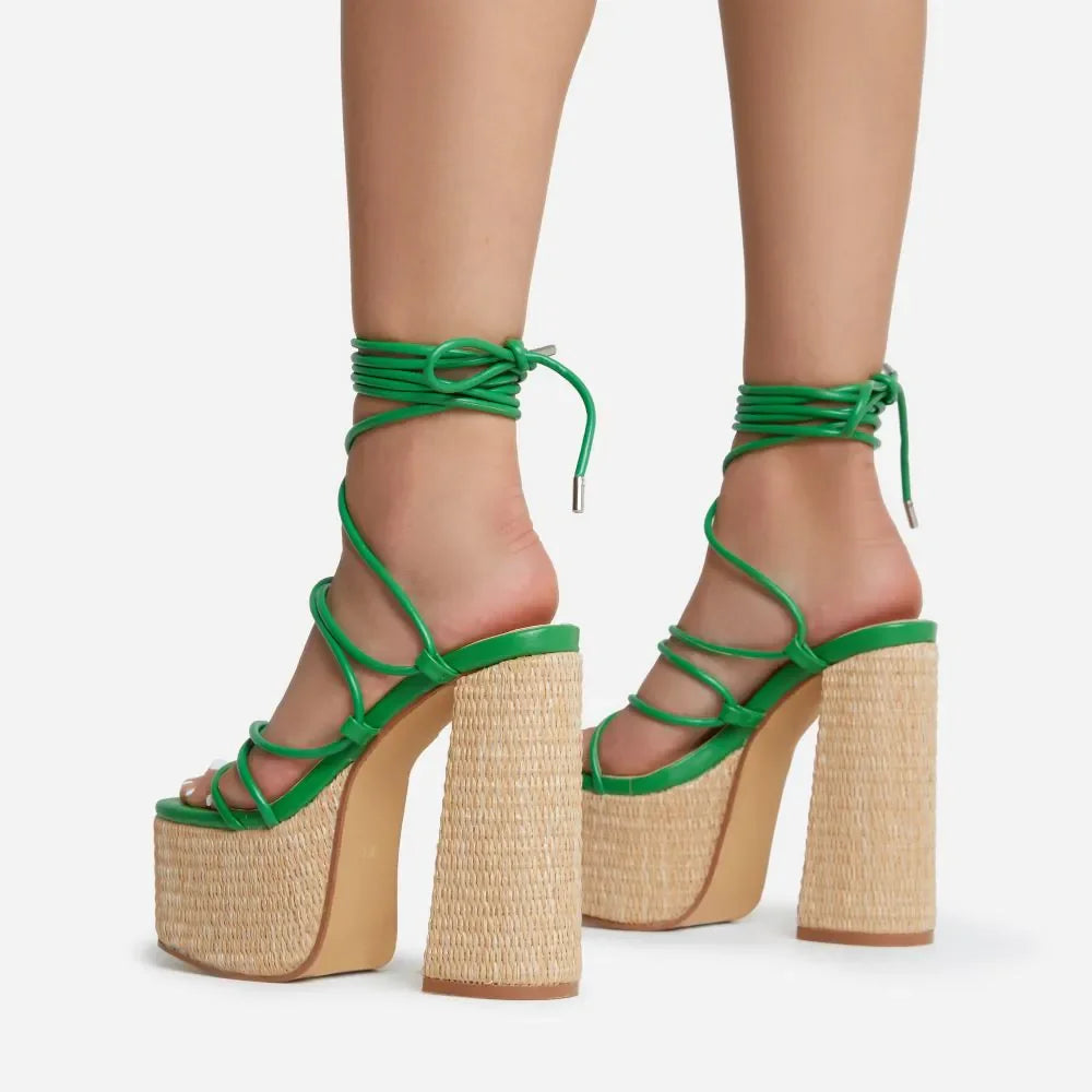 Woven Platform Lace Up Strappy Sandals Block Heel Open Toe Solid Color Sexy Roman Style Women Shoes Summer 2026 New Arrivals
