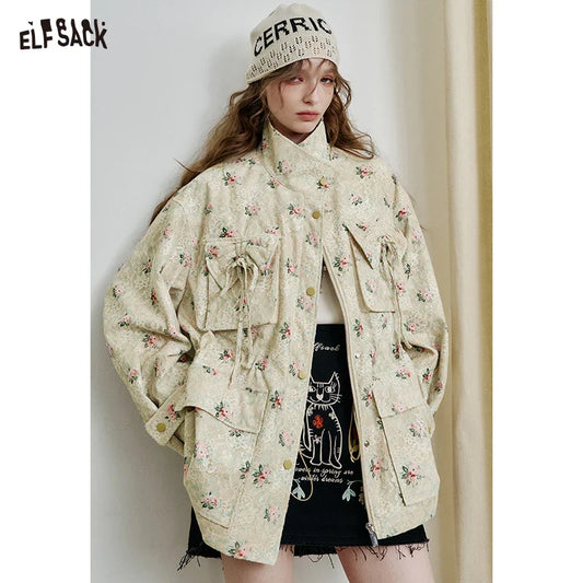 ELFSACK Lace Floral Jacket for Women, Fitted Trench Style Jacket with Bow Tie Pocket, Romantic Cottagecore Elegant Coat