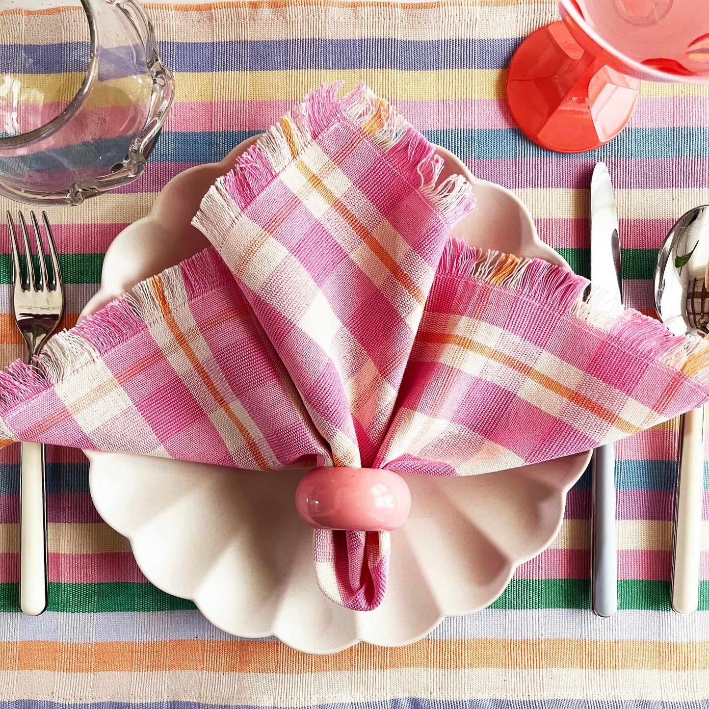 Abigail Plaid Party Napkin in Bubblegum and Peach