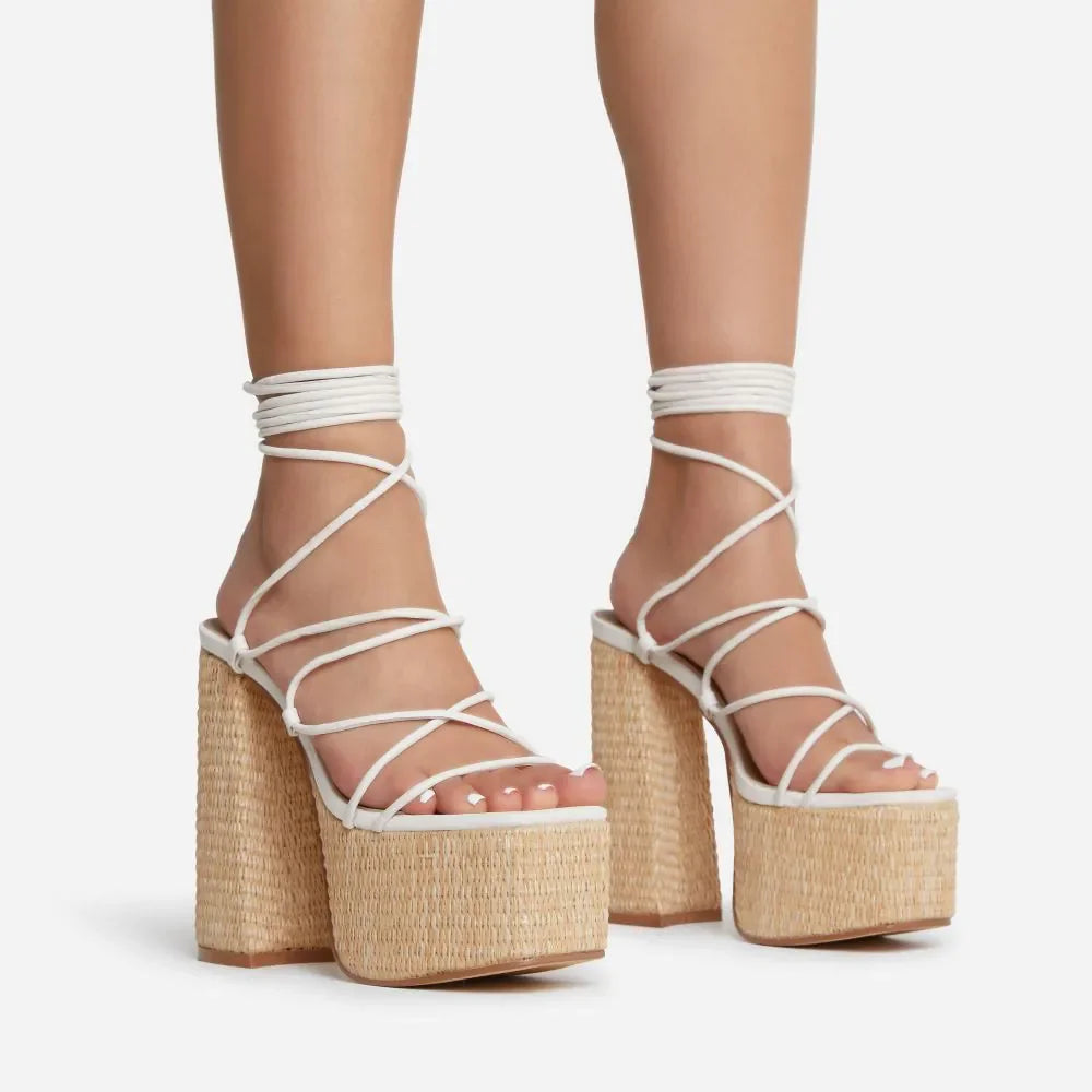 Woven Platform Lace Up Strappy Sandals Block Heel Open Toe Solid Color Sexy Roman Style Women Shoes Summer 2026 New Arrivals