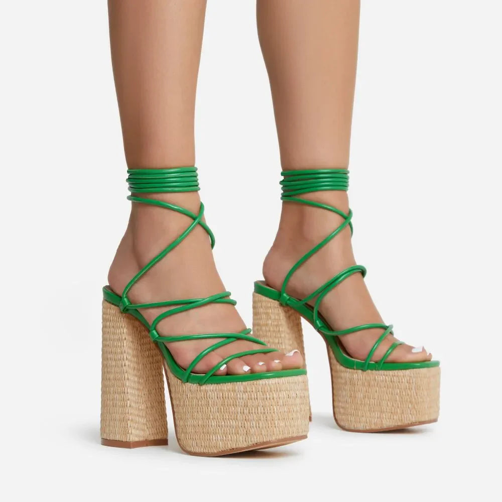 Woven Platform Lace Up Strappy Sandals Block Heel Open Toe Solid Color Sexy Roman Style Women Shoes Summer 2026 New Arrivals