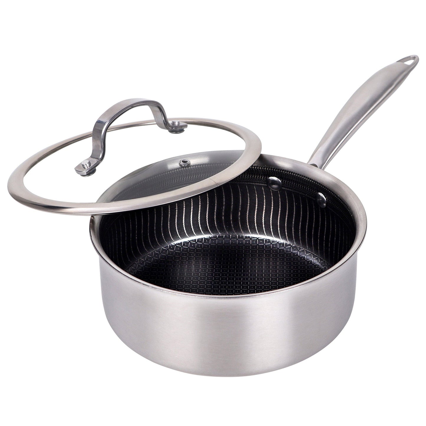 Brentwood 3 Quart 3-Ply Hybrid Non-Stick Stainless Steel Saucepan with Tempered Glass Lid