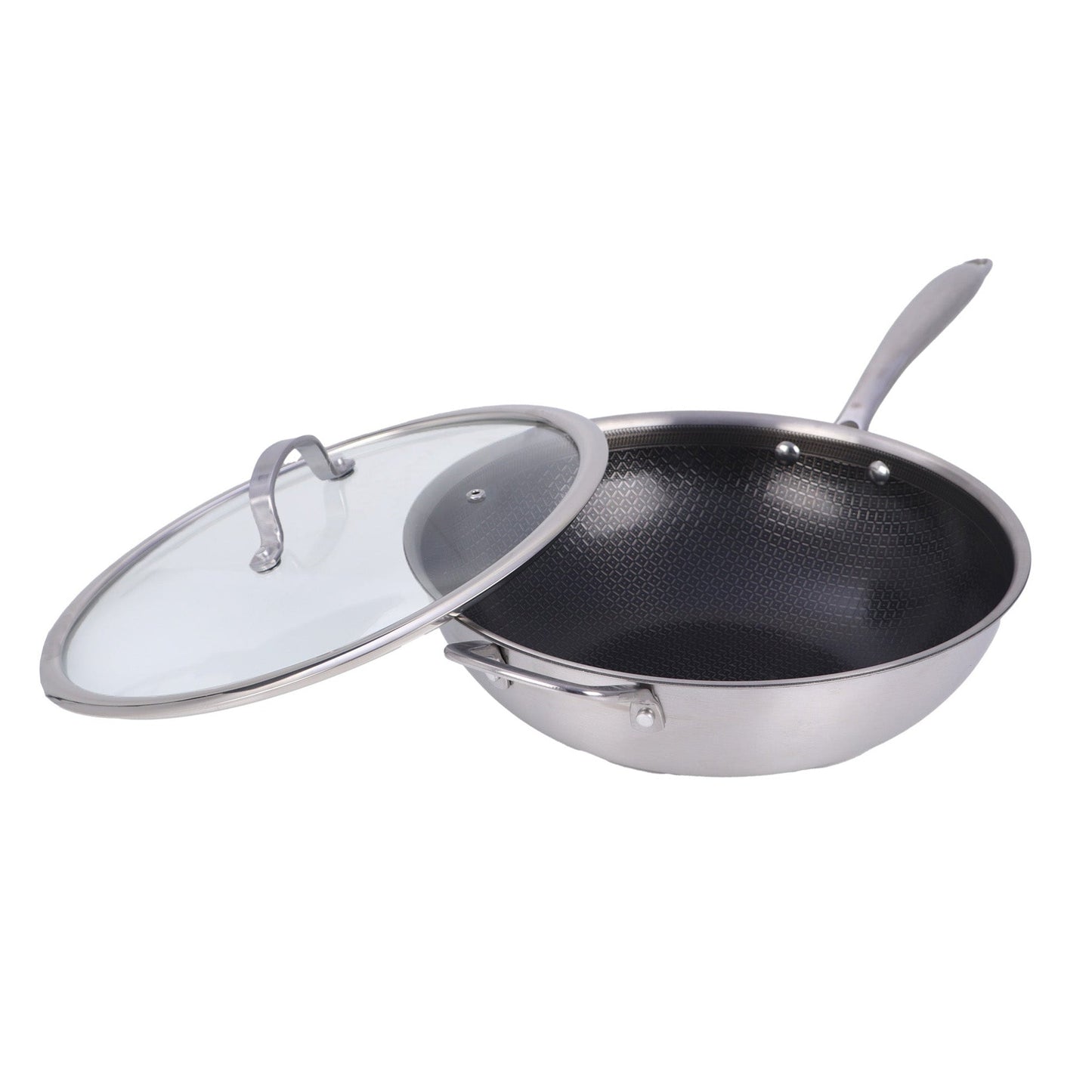 Brentwood 12-inch 4.2 Quarts Hybrid Non-Stick Stainless Steel Wok with Glass Lid