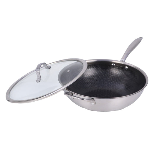 Brentwood 12-inch 4.2 Quarts Hybrid Non-Stick Stainless Steel Wok with Glass Lid