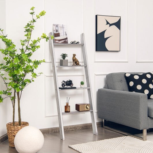 4-Tier Wall Leaning Ladder Shelf Stand-Gray - Color: Gray
