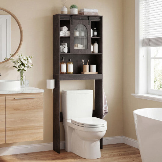 Over Toilet Storage Cabinet with Sliding Barn Door and Open Shelves for Bathroom-Oak