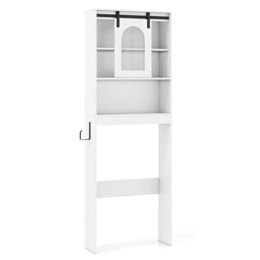 Over Toilet Storage Cabinet with Sliding Barn Door and Open Shelves for Bathroom-Oak