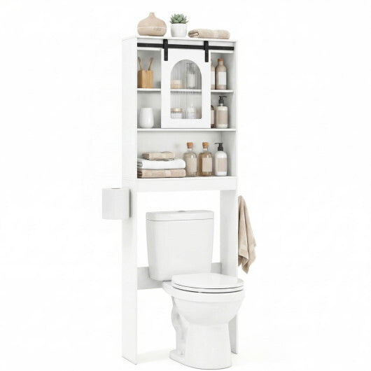 Over Toilet Storage Cabinet with Sliding Barn Door and Open Shelves for Bathroom-Oak