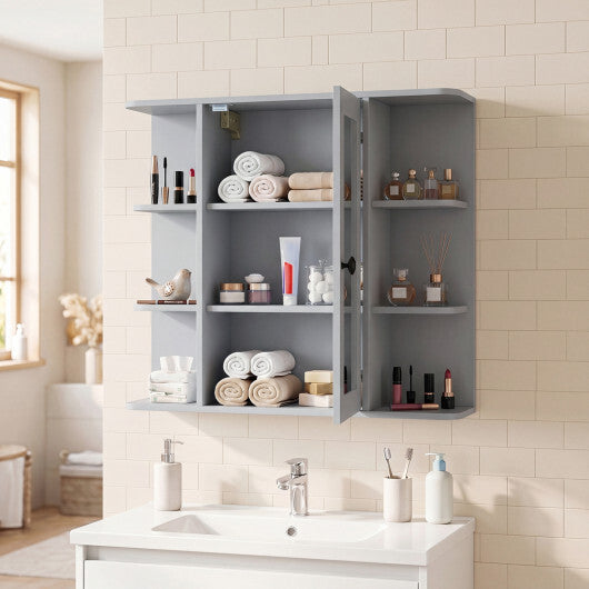 Wall Mounted Bathroom Medicine Cabinet with Mirror and Shelves-Gray