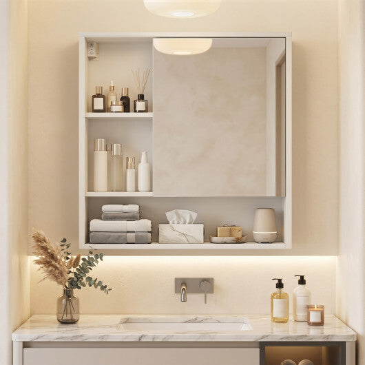 Wall-Mounted Mirror Cabinet with 2 Hidden Shelves and 3 Open Compartments-Black