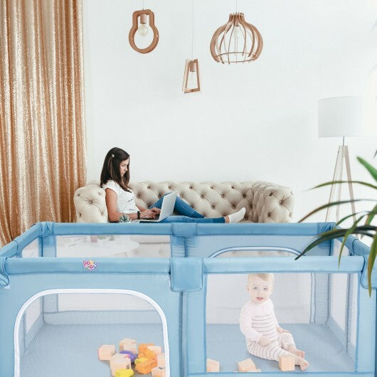 75 x 59 Inch Large Baby Playpen with Breathable Mesh and Zipper Doors-Gray
