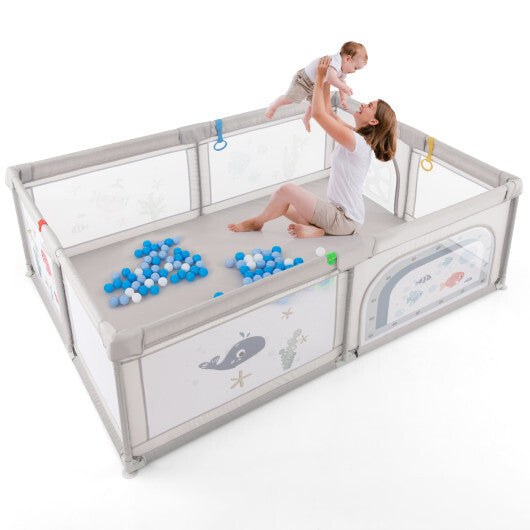 Large Baby Playpen with Pull Rings Ocean Balls and Cute Pattern-Penguin