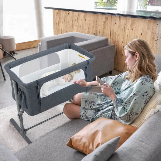 Portable Baby Bedside Bassinet with 5-level Adjustable Heights and Travel Bag-Beige