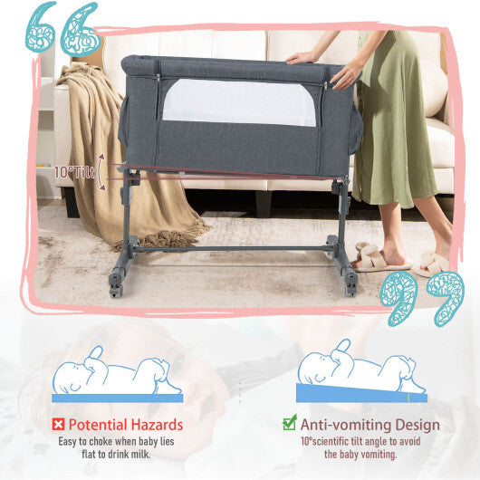 Portable Baby Bedside Bassinet with 5-level Adjustable Heights and Travel Bag-Beige