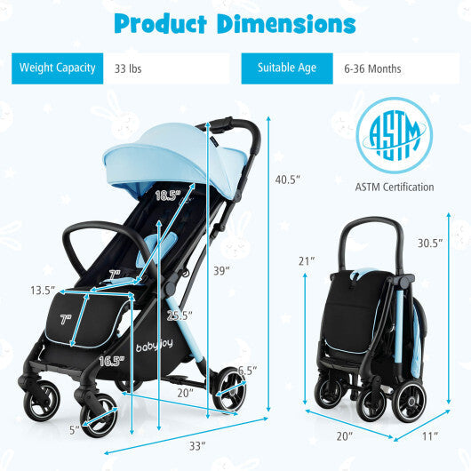 One-Hand Folding Portable Lightweight Baby Stroller with Aluminum Frame-Blue - Color: Blue