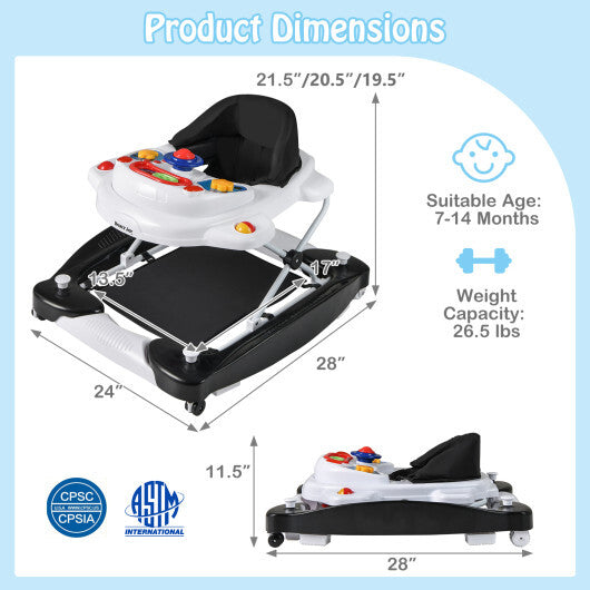 6 in 1 Foldable Baby Walker with Adjustable Height-Black - Color: Black