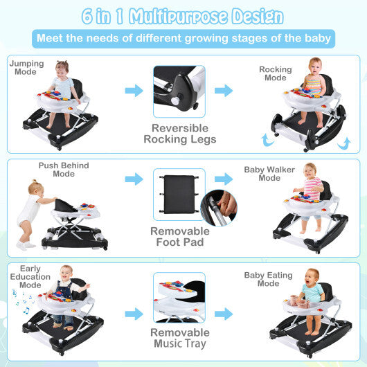 6 in 1 Foldable Baby Walker with Adjustable Height-Black - Color: Black