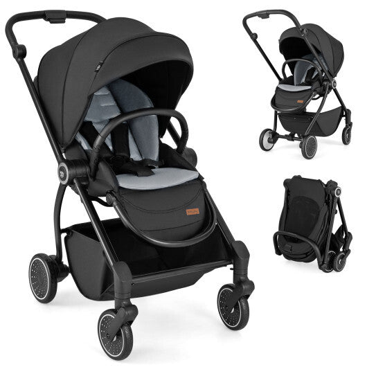 Foldable Infant Pram Stroller with Reversible Seat Reclining Backrest-Gray