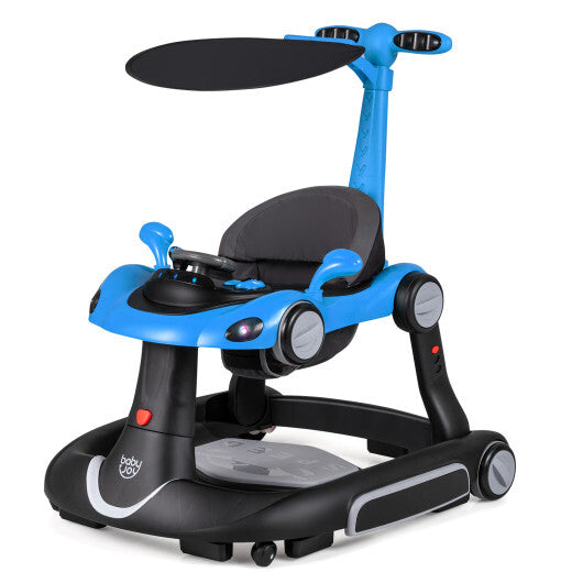 6-in-1 Baby Walker with Canopy Portable Activity Center Bouncer Rocker Combo with Music-Blue - Color: Blue